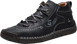 Mens Casual Oxford Shoes Flat Shoes Vintage Comfort Soft Leather Ankle Boots Lace-up Driving Shoes
