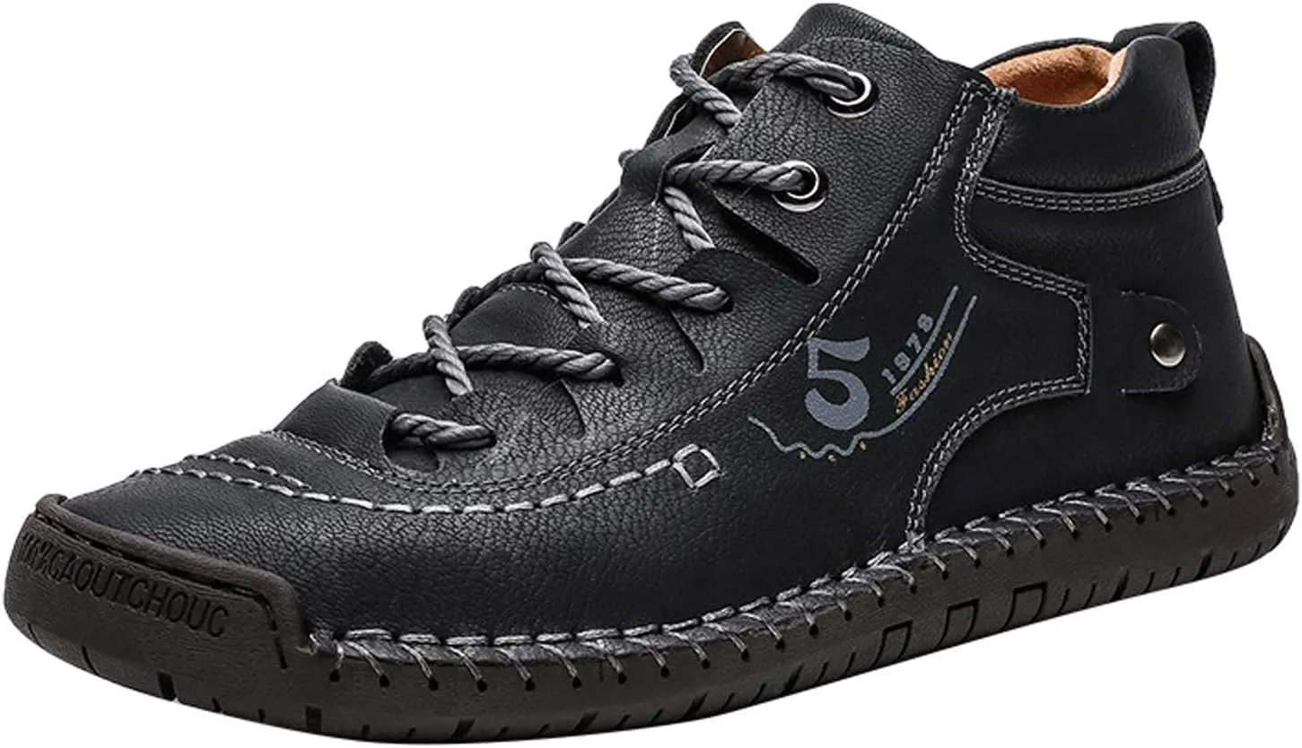 Mens Casual Oxford Shoes Flat Shoes Vintage Comfort Soft Leather Ankle Boots Lace-up Driving Shoes
