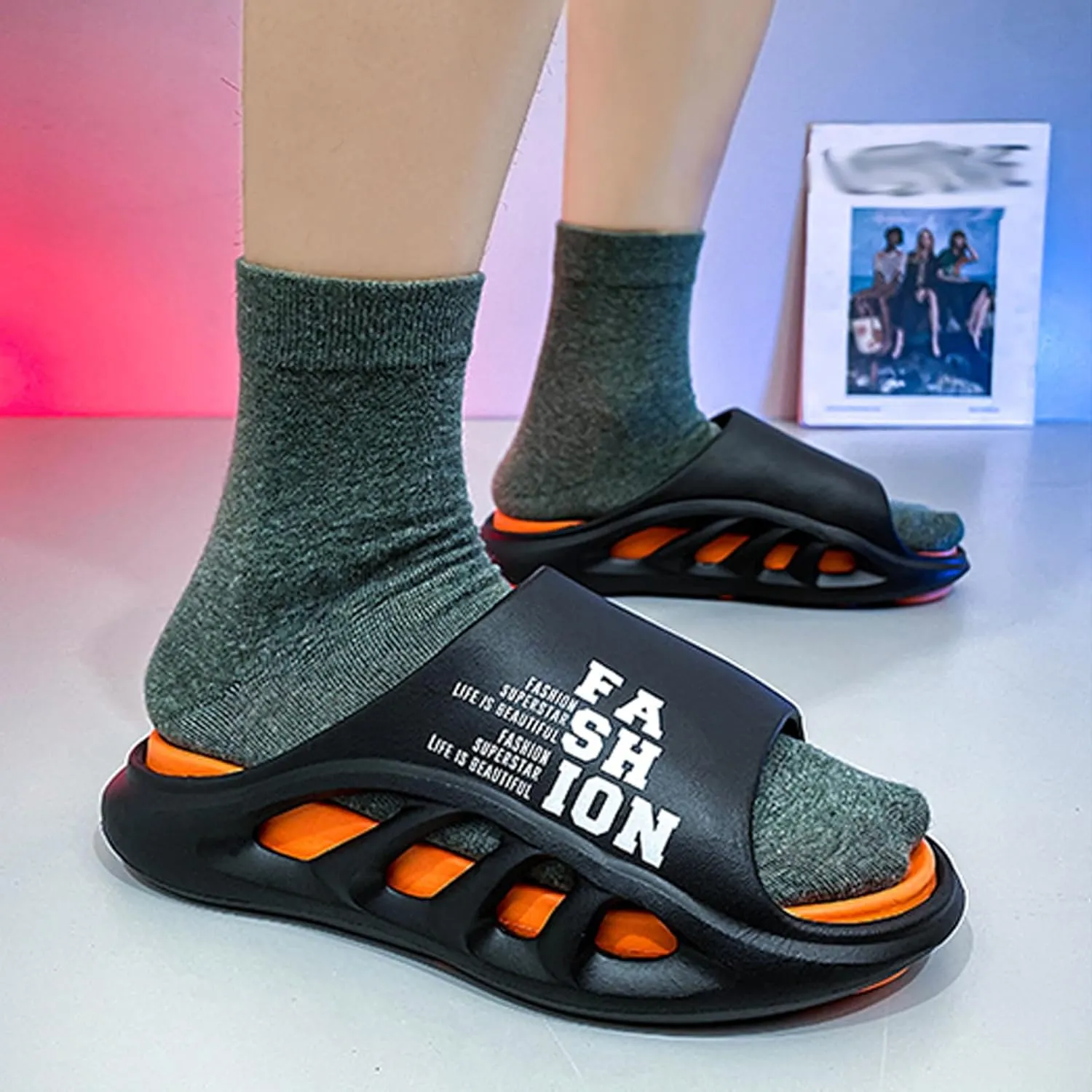 Men's Height Increasing Anti-Slip Slippers, Mens Sport Recovery Sandals Double Color Matching Thick Cushion