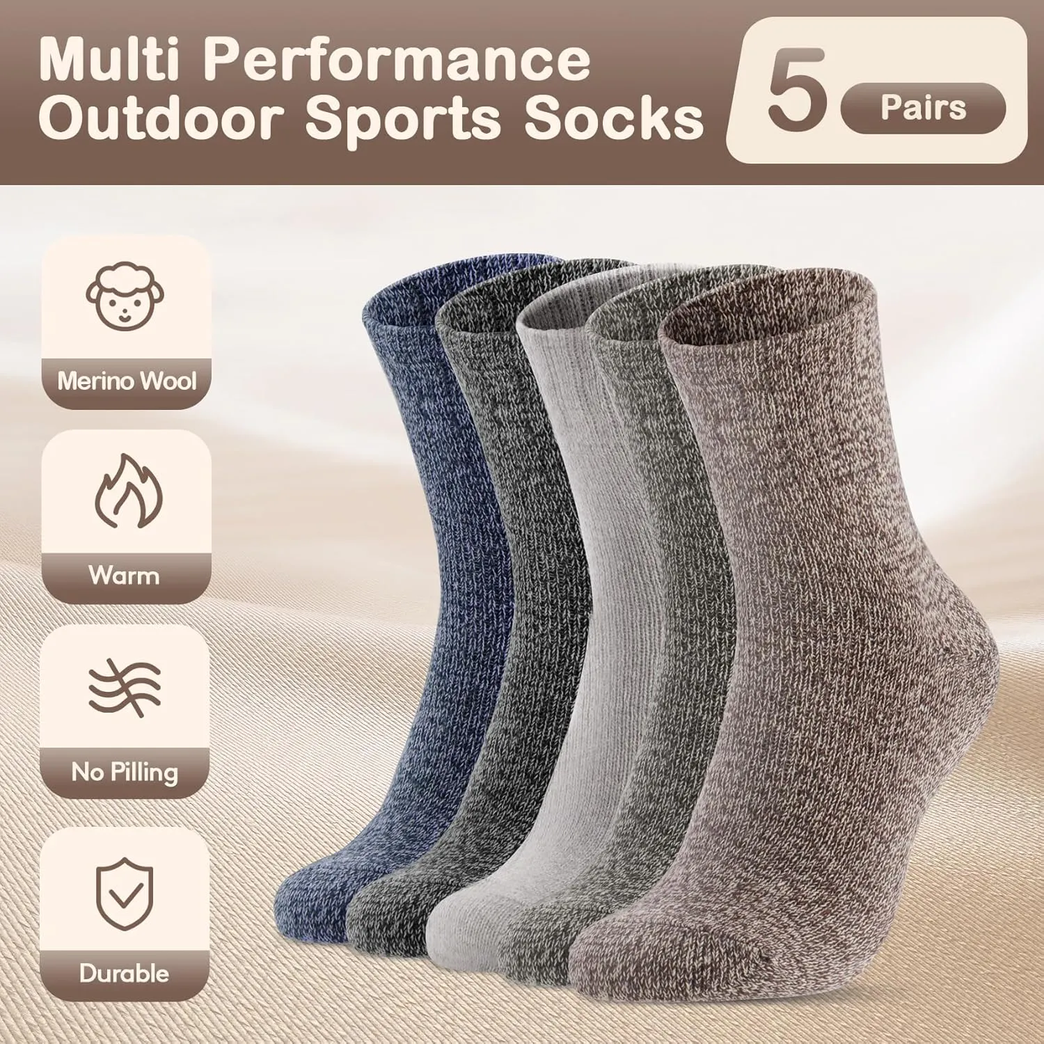 Merino Wool Socks for Men Hiking Thermal Warm Winter Crew Socks, 3 Pairs of Thick Cushion Moisture Wicking Socks