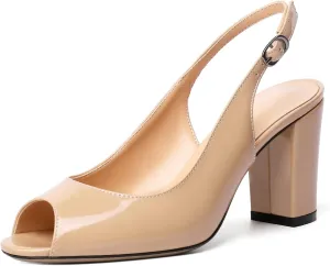 Mettesally Womens Slingback Chunky Heels Peep Open Toe Block High Heel Sandals Ankle Strap Buckle Dress Prom Wedding Shoes