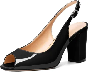 Mettesally Womens Slingback Chunky Heels Peep Open Toe Block High Heel Sandals Ankle Strap Buckle Dress Prom Wedding Shoes