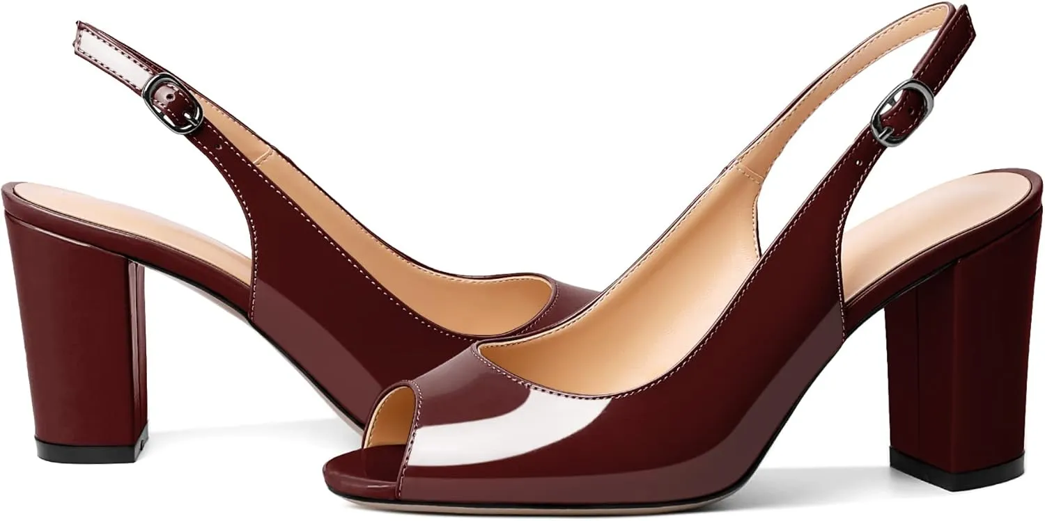Mettesally Womens Slingback Chunky Heels Peep Open Toe Block High Heel Sandals Ankle Strap Buckle Dress Prom Wedding Shoes