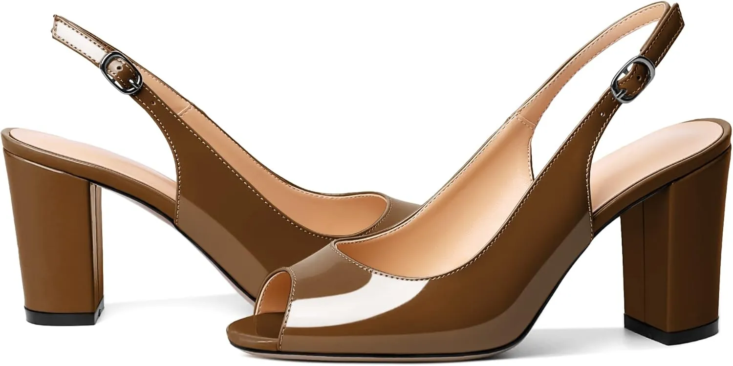 Mettesally Womens Slingback Chunky Heels Peep Open Toe Block High Heel Sandals Ankle Strap Buckle Dress Prom Wedding Shoes