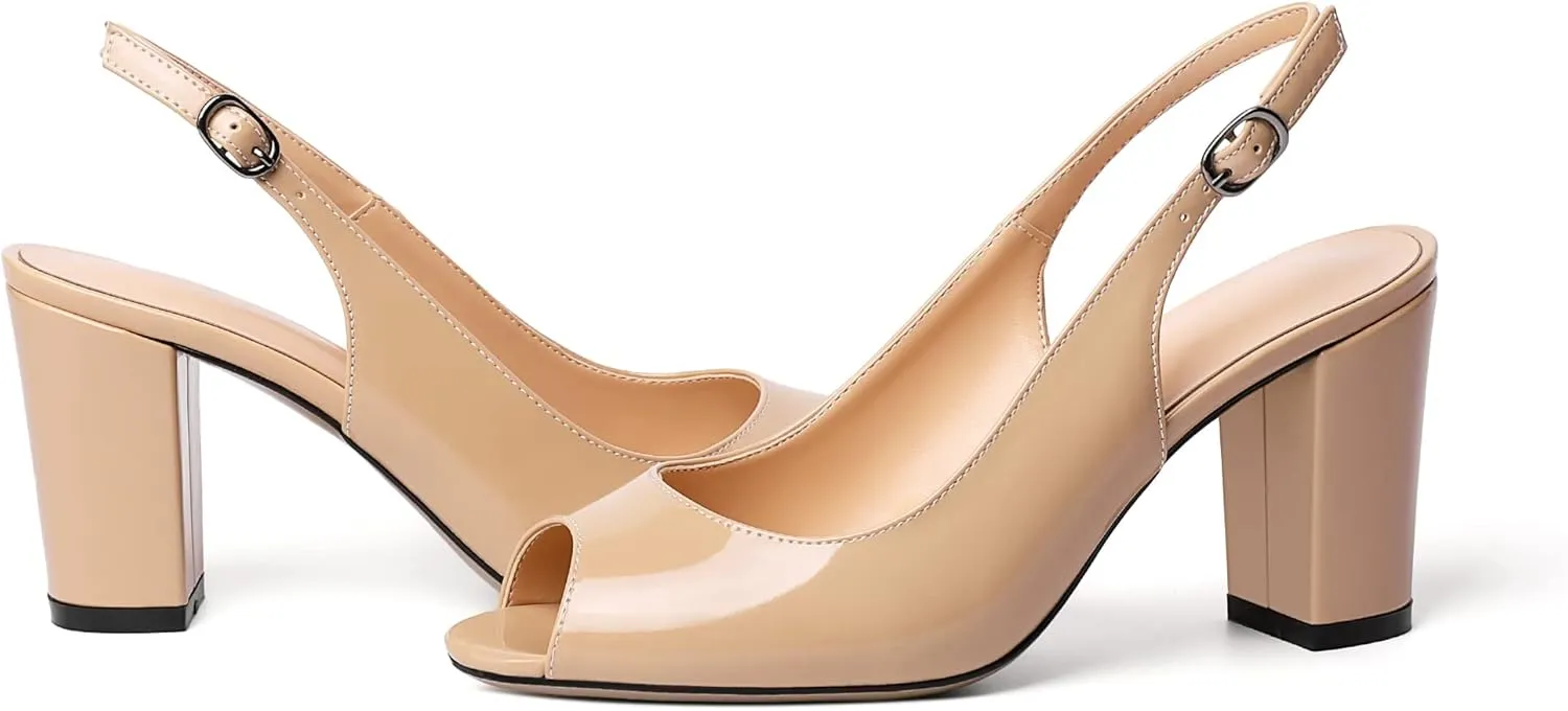 Mettesally Womens Slingback Chunky Heels Peep Open Toe Block High Heel Sandals Ankle Strap Buckle Dress Prom Wedding Shoes