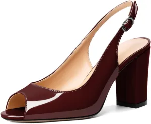 Mettesally Womens Slingback Chunky Heels Peep Open Toe Block High Heel Sandals Ankle Strap Buckle Dress Prom Wedding Shoes