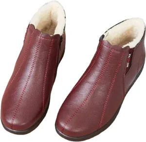 MSYINGL Women's Fleece Thickened Warm Cotton Shoes,Flat Non Slip Side Zipper Snow Boots,Soft Leather Ankle Booties