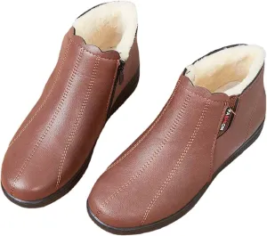 MSYINGL Women's Fleece Thickened Warm Cotton Shoes,Flat Non Slip Side Zipper Snow Boots,Soft Leather Ankle Booties