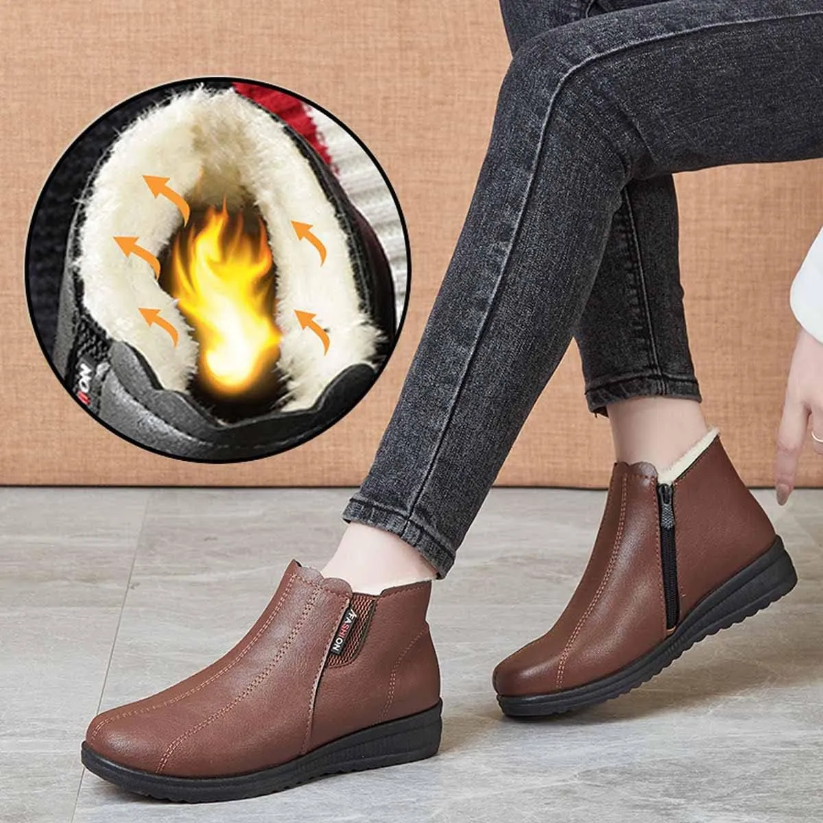 MSYINGL Women's Fleece Thickened Warm Cotton Shoes,Flat Non Slip Side Zipper Snow Boots,Soft Leather Ankle Booties