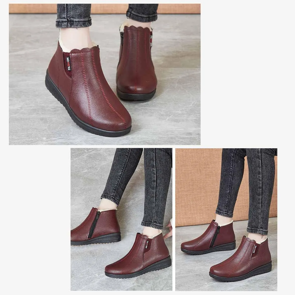 MSYINGL Women's Fleece Thickened Warm Cotton Shoes,Flat Non Slip Side Zipper Snow Boots,Soft Leather Ankle Booties