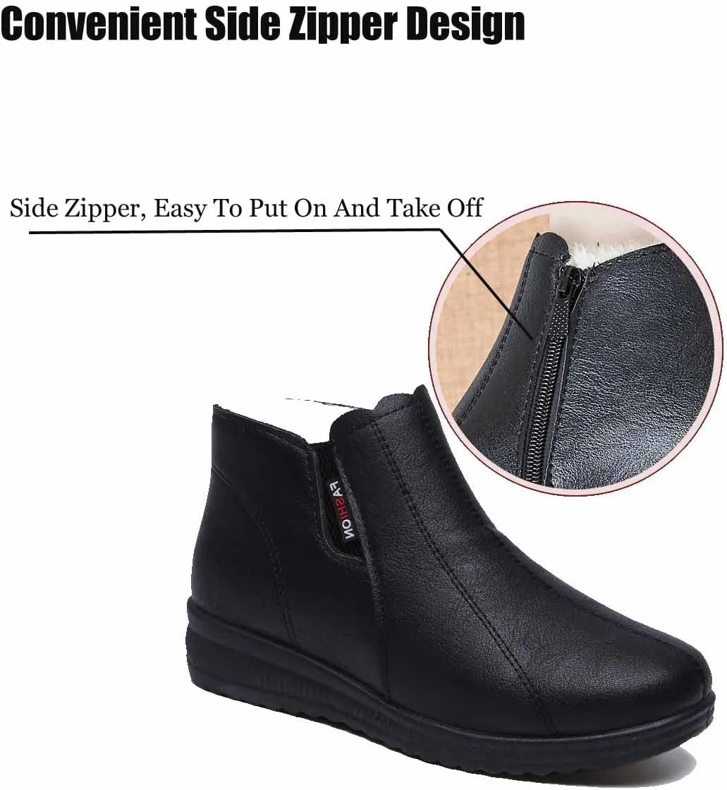 MSYINGL Women's Fleece Thickened Warm Cotton Shoes,Flat Non Slip Side Zipper Snow Boots,Soft Leather Ankle Booties