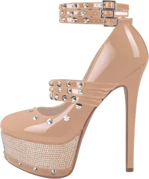 onlymaker Close Toe Stiletto Platform Mary Jane Pumps for Women Triple Buckle up Rivet Studded Strappy Party Shoes