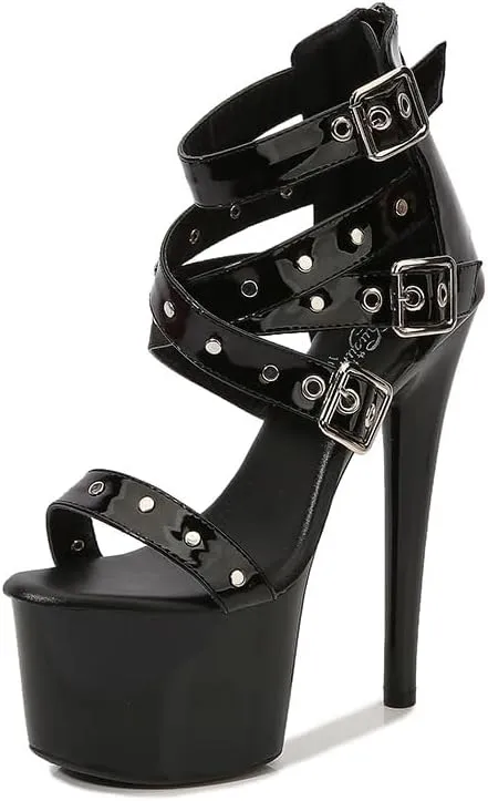 onlymaker Open Toe Stiletto Heel Platform Sandals for Women Zip up Buckle Strappy Rivets Summer Sandals