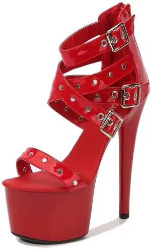 onlymaker Open Toe Stiletto Heel Platform Sandals for Women Zip up Buckle Strappy Rivets Summer Sandals
