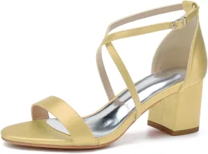 Open Toe Satin Block Heels Wedding Shoes for Bride Low Heels Criss Cross Straps Bridal Shoes Ankle Strap Prom Party Dress Shoes for Women