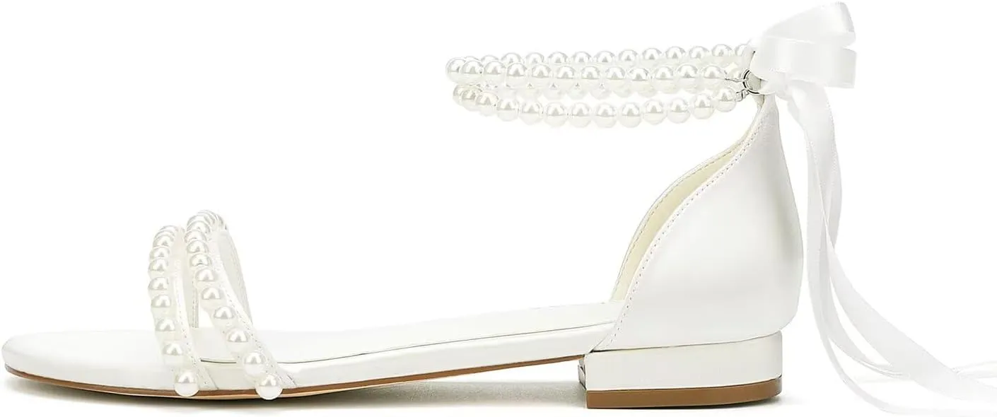 Pearl Flats Bridal Sandals Wedding Flats for Bride Open Toe Beach Wedding Shoes