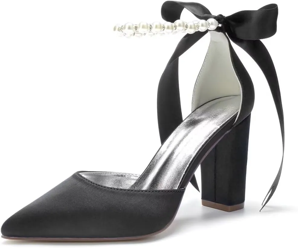 Pearl Wedding Shoes for Bride Chunky Heel Poined Toe Wedding Block Heels Prom Evening Pumps