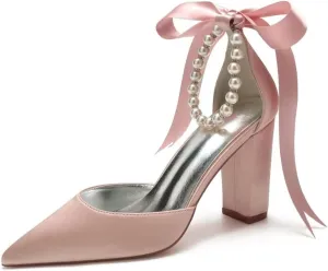 Pearl Wedding Shoes for Bride Chunky Heel Poined Toe Wedding Block Heels Prom Evening Pumps
