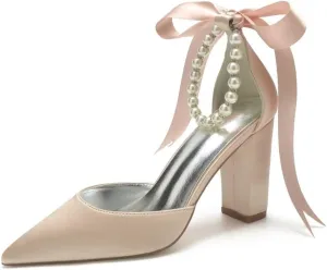 Pearl Wedding Shoes for Bride Chunky Heel Poined Toe Wedding Block Heels Prom Evening Pumps
