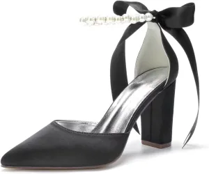 Pearl Wedding Shoes for Bride Chunky Heel Poined Toe Wedding Block Heels Prom Evening Pumps