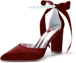 Pearl Wedding Shoes for Bride Chunky Heel Poined Toe Wedding Block Heels Prom Evening Pumps