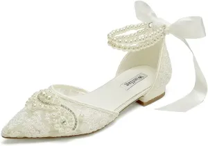 Pearl Wedding Shoes for Bride Flat Lace Bride Shoes Pointed Toe Bridal Flats