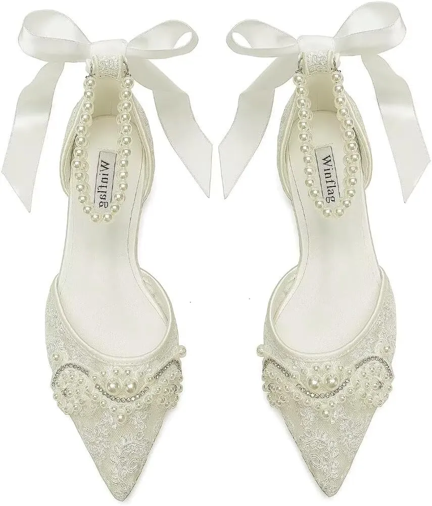 Pearl Wedding Shoes for Bride Flat Lace Bride Shoes Pointed Toe Bridal Flats