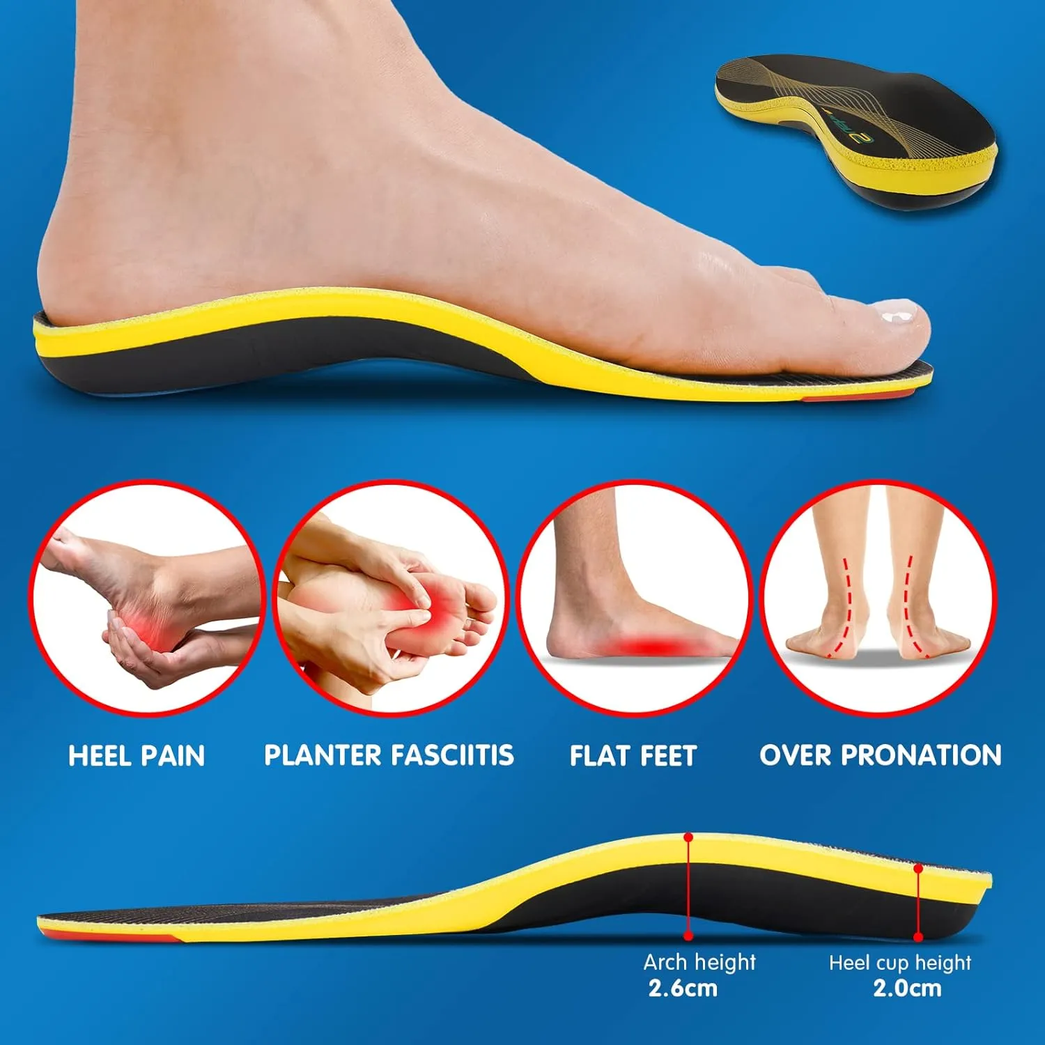 Plantar Fasciitis Insoles, Arch Support Insoles for Men Women, Running Athletic Gel Shoe Inserts Flat Feet Orthotic Insert for Foot Pain Relief, Men 7-8.5 / Women 9-10.5