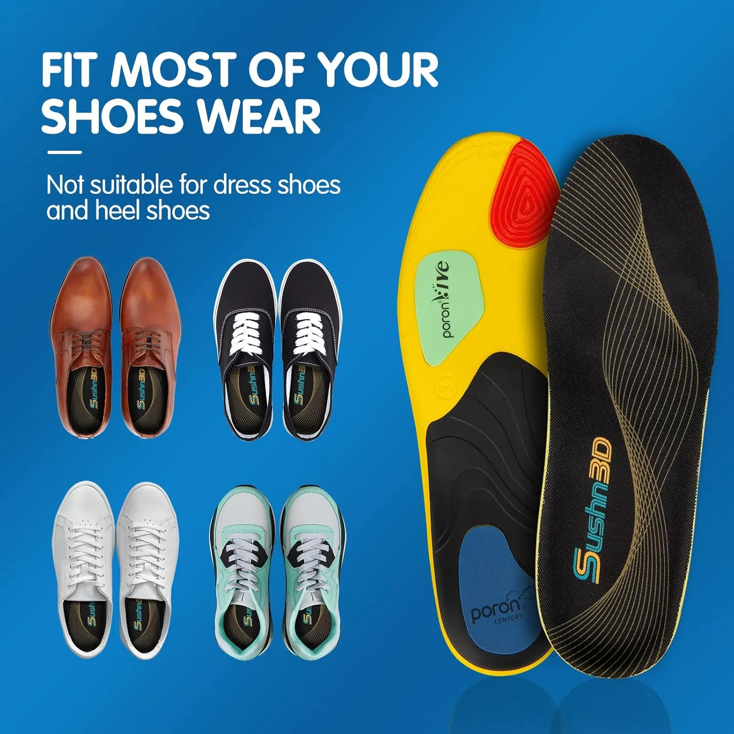 Plantar Fasciitis Insoles, Arch Support Insoles for Men Women, Running Athletic Gel Shoe Inserts Flat Feet Orthotic Insert for Foot Pain Relief, Men 7-8.5 / Women 9-10.5
