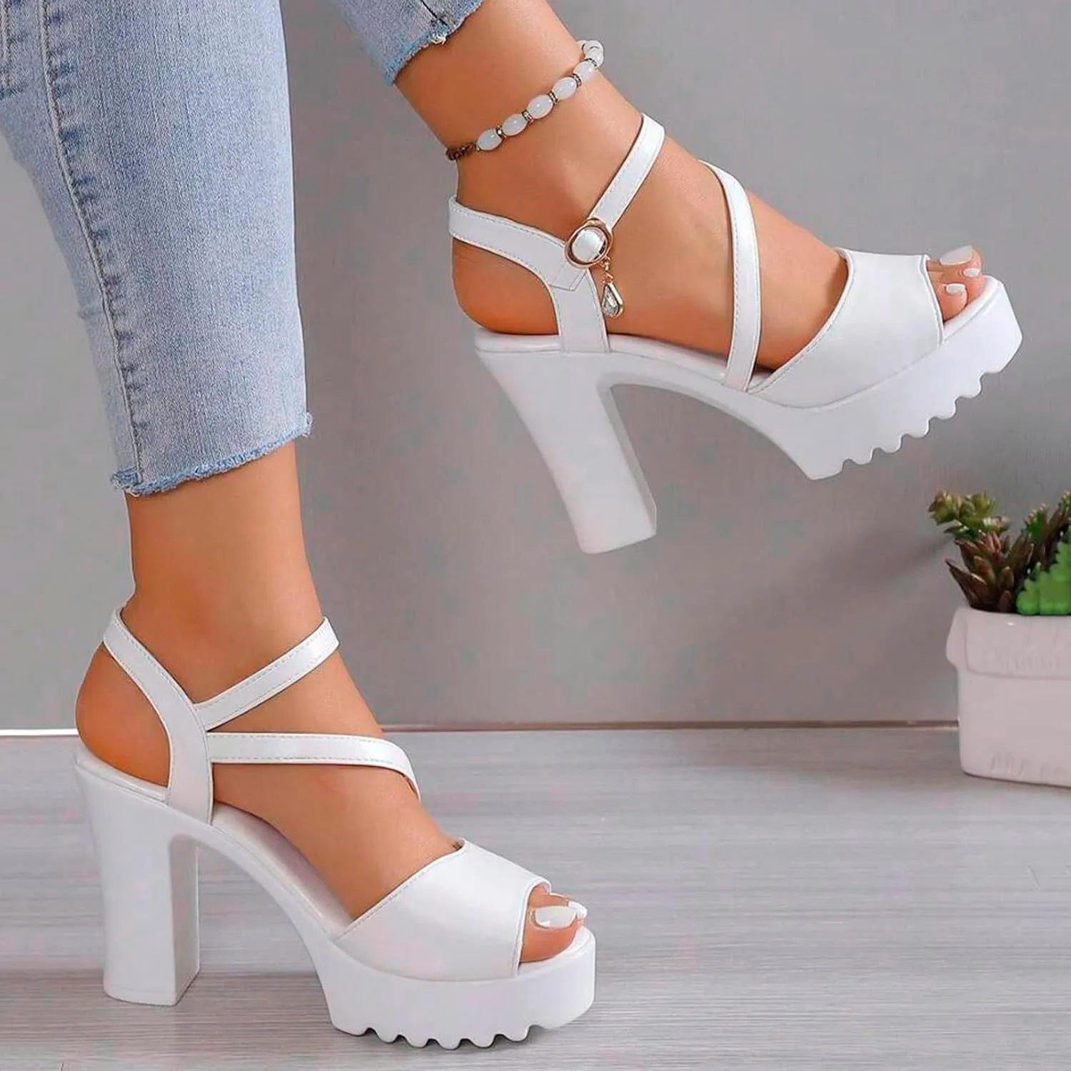 Platform Sandals Women Open Toe Two Bands Lug sole Fashion Block Heel Sandals Adjustable Ankle Strap Women Wedding Shoes