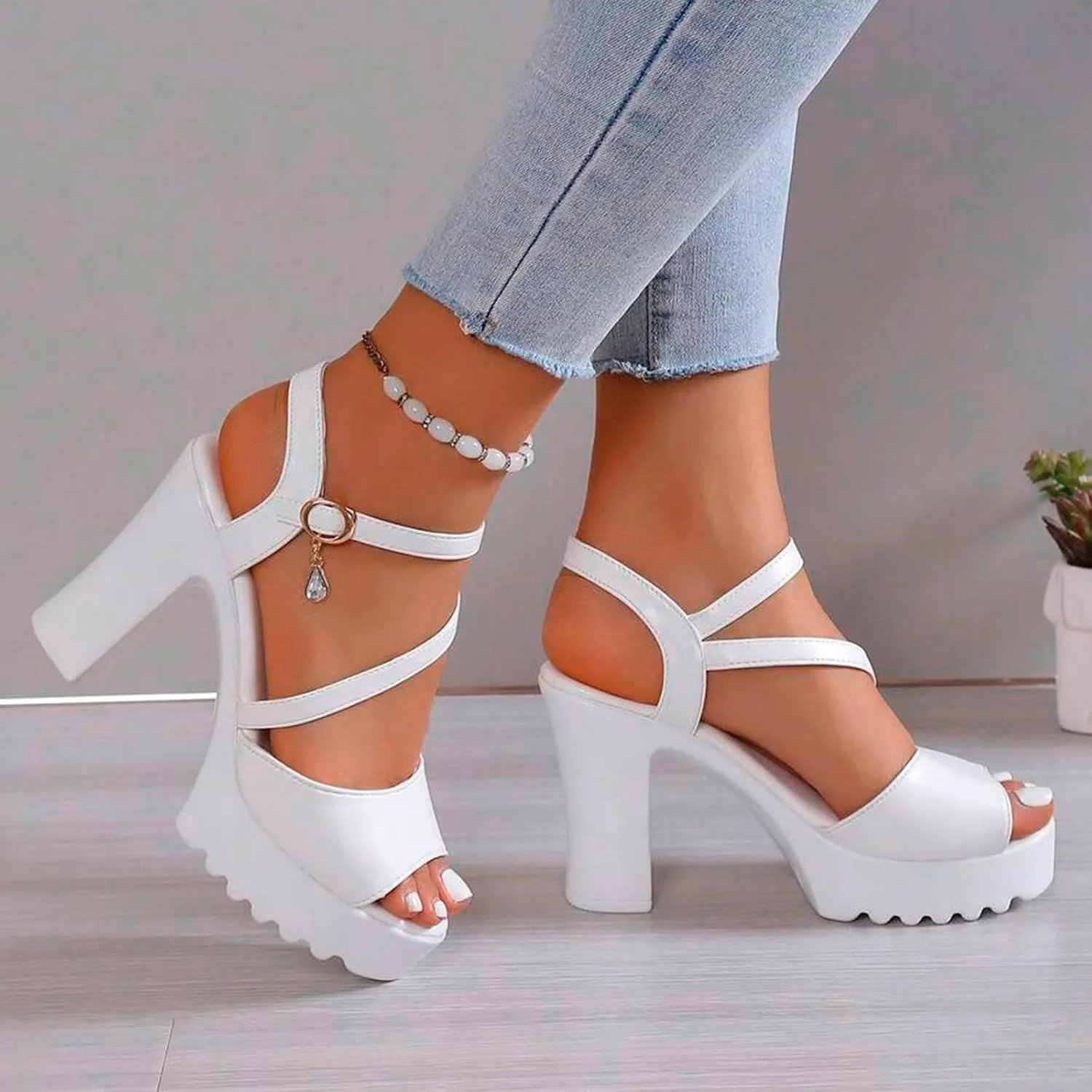 Platform Sandals Women Open Toe Two Bands Lug sole Fashion Block Heel Sandals Adjustable Ankle Strap Women Wedding Shoes