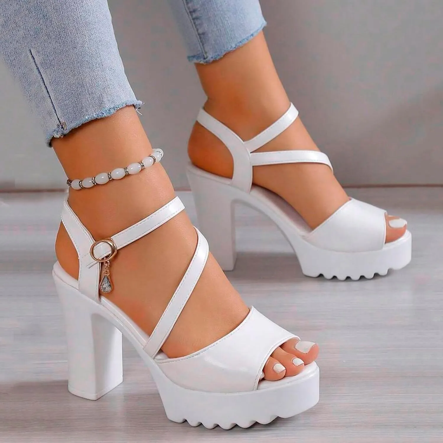 Platform Sandals Women Open Toe Two Bands Lug sole Fashion Block Heel Sandals Adjustable Ankle Strap Women Wedding Shoes