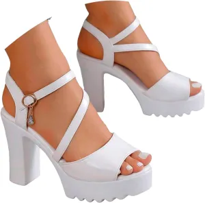 Platform Sandals Women Open Toe Two Bands Lug sole Fashion Block Heel Sandals Adjustable Ankle Strap Women Wedding Shoes