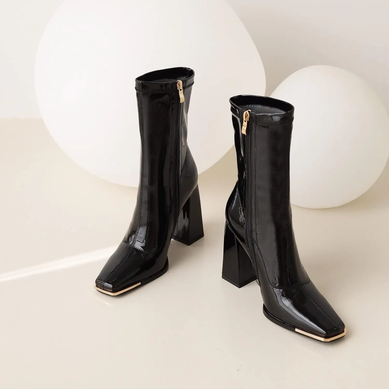 Reitoye Women's Mid Calf Boots Comfy Square Closed Toe Heel Boot Zipper Short Ankle Booties