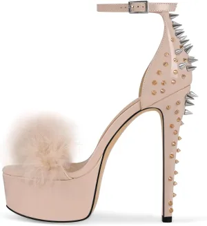 richealnini Studded Rivest Heels for Women Buckle Ankle Strap Platform Furry Sandals Stiletto High Heels