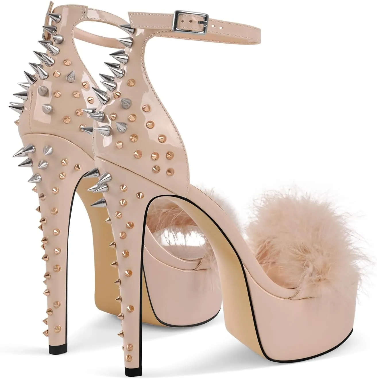 richealnini Studded Rivest Heels for Women Buckle Ankle Strap Platform Furry Sandals Stiletto High Heels