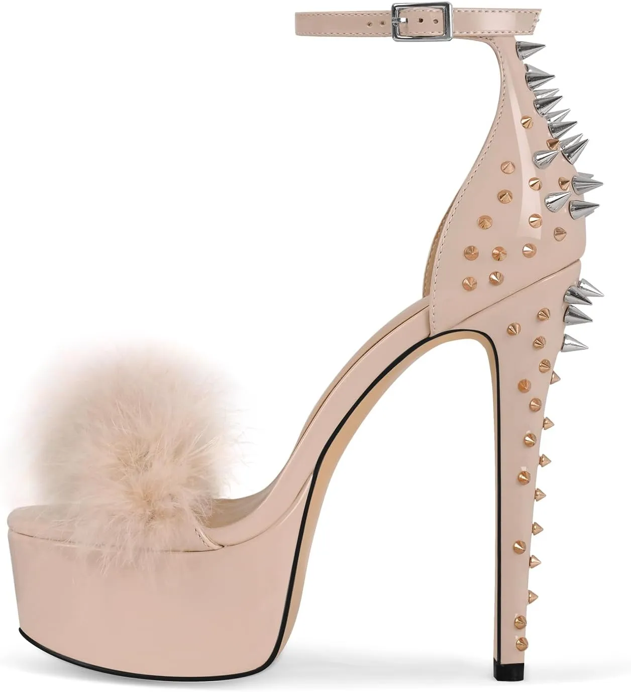 richealnini Studded Rivest Heels for Women Buckle Ankle Strap Platform Furry Sandals Stiletto High Heels