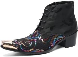 Santimon Mens Cowboy Boots Casual Dress Party Metal Tip Toe Leather Sequins Chelsea Boots Fashion Handmade Western Boots for Men