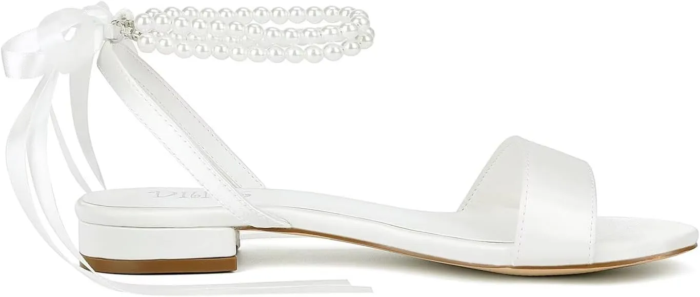 Satin Wedding Flats for Bride Pearl Sandals Open Toe Bridal Shoes Flat Wedding Shoes for Bride