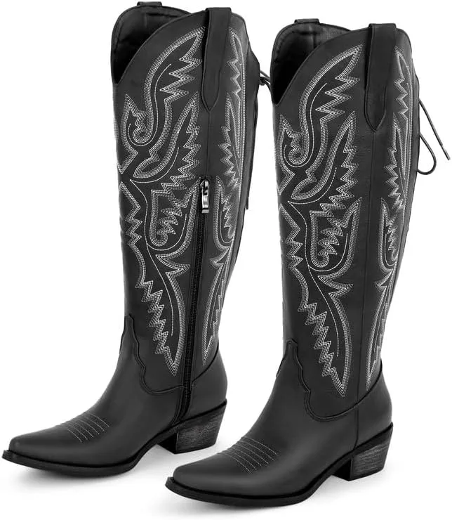 sexytag Cowboy Boots for Women Knee High Cowgirl Boots Embroidered Lace Up Western Boots