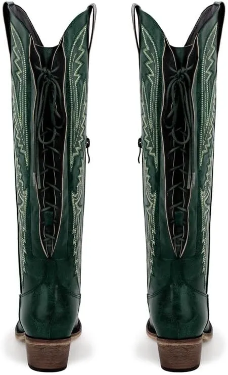sexytag Cowboy Boots for Women Knee High Cowgirl Boots Embroidered Lace Up Western Boots