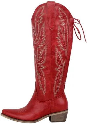 sexytag Cowboy Boots for Women Knee High Cowgirl Boots Embroidered Lace Up Western Boots