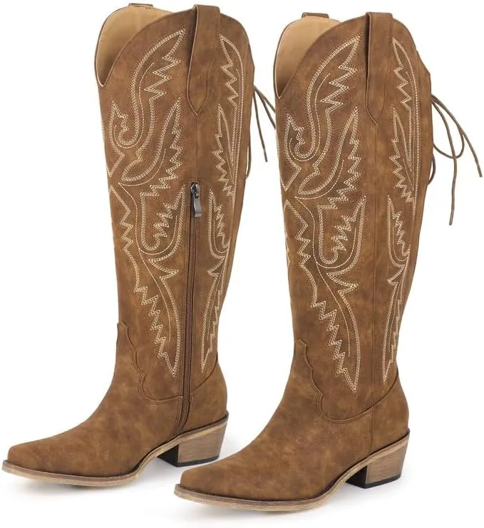 sexytag Cowboy Boots for Women Knee High Cowgirl Boots Embroidered Lace Up Western Boots