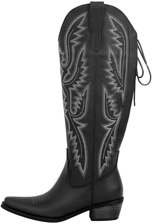 sexytag Cowboy Boots for Women Knee High Cowgirl Boots Embroidered Lace Up Western Boots