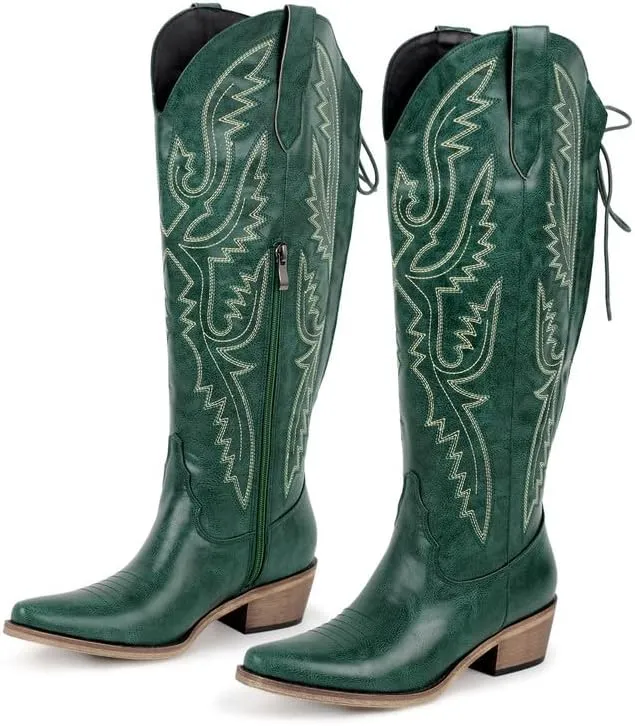 sexytag Cowboy Boots for Women Knee High Cowgirl Boots Embroidered Lace Up Western Boots