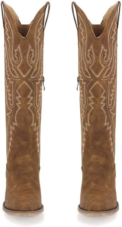 sexytag Cowboy Boots for Women Knee High Cowgirl Boots Embroidered Lace Up Western Boots