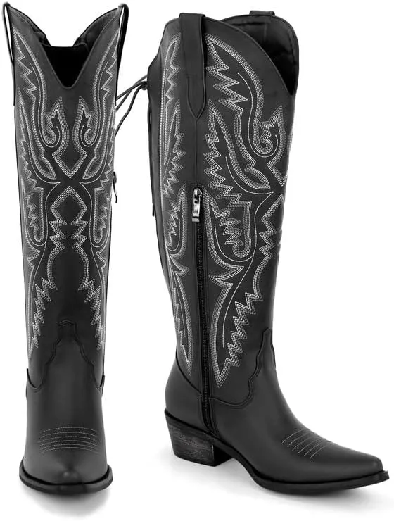 sexytag Cowboy Boots for Women Knee High Cowgirl Boots Embroidered Lace Up Western Boots