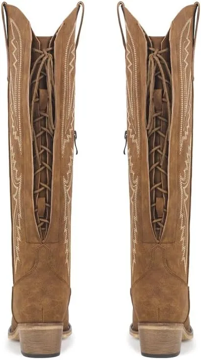 sexytag Cowboy Boots for Women Knee High Cowgirl Boots Embroidered Lace Up Western Boots