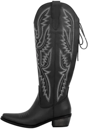 sexytag Cowboy Boots for Women Knee High Cowgirl Boots Embroidered Lace Up Western Boots