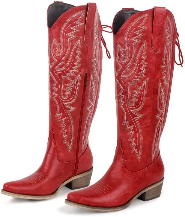 sexytag Cowboy Boots for Women Knee High Cowgirl Boots Embroidered Lace Up Western Boots